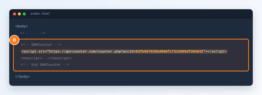 Kode penghitung yang disorot di dalam HTML sebuah situs web