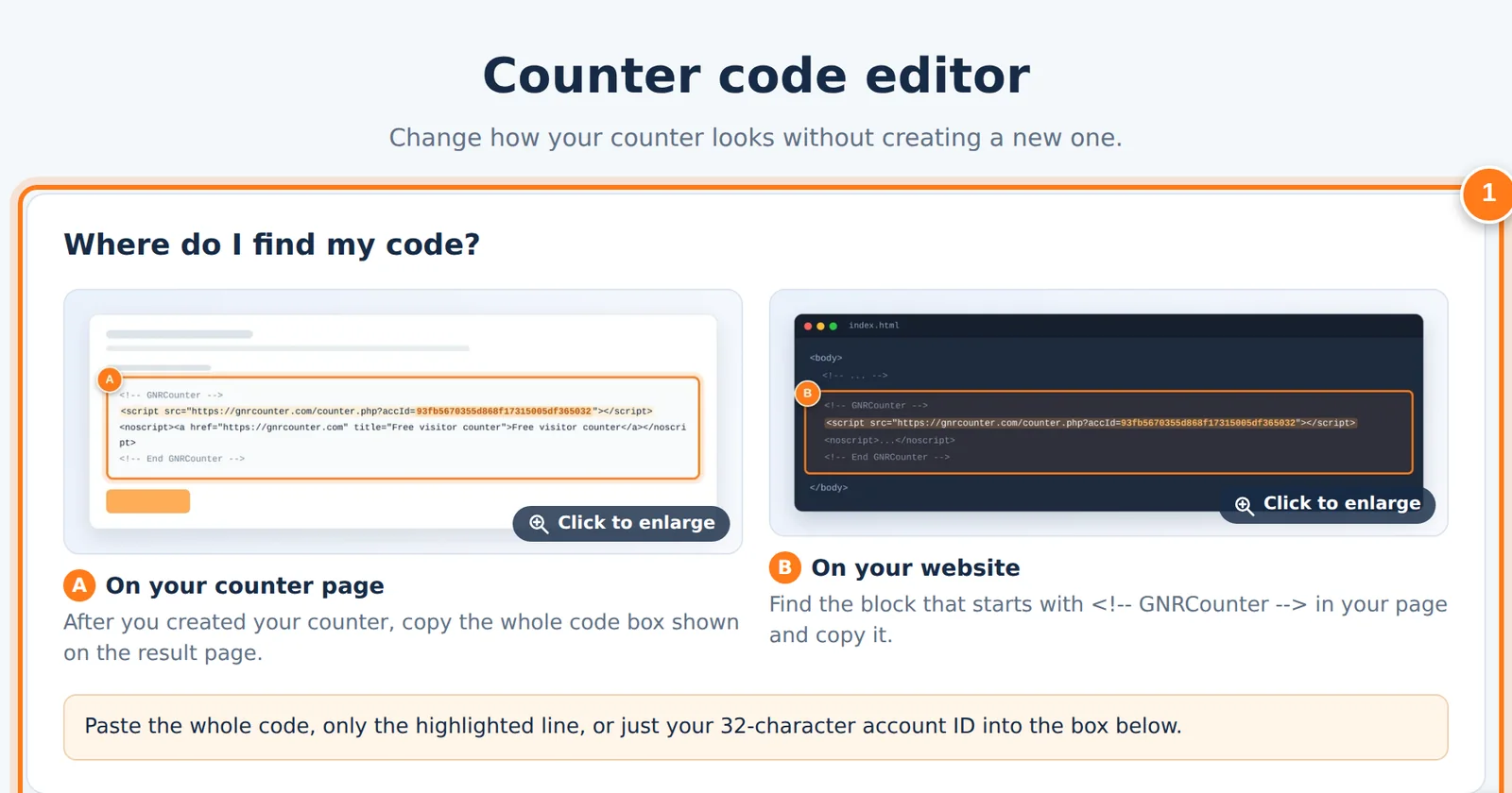 Editor kode GNRCounter dengan area untuk menemukan kode dan kotak untuk menempelkannya