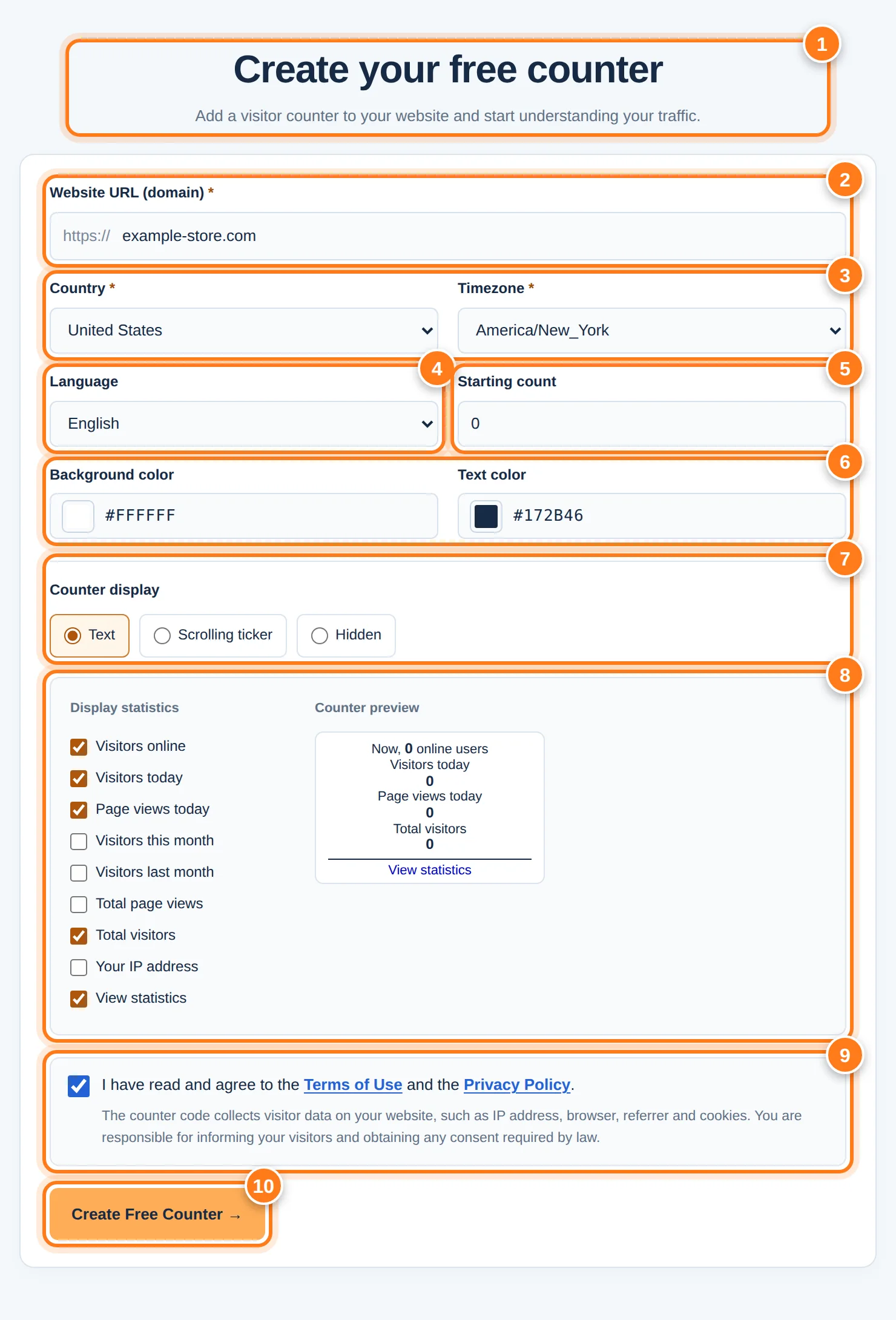 Formulir Buat penghitung gratis Anda dengan sepuluh area bernomor: judul, URL situs web, negara dan zona waktu, bahasa, jumlah awal, warna, tampilan penghitung, statistik dan pratinjau, ketentuan, dan tombol Buat