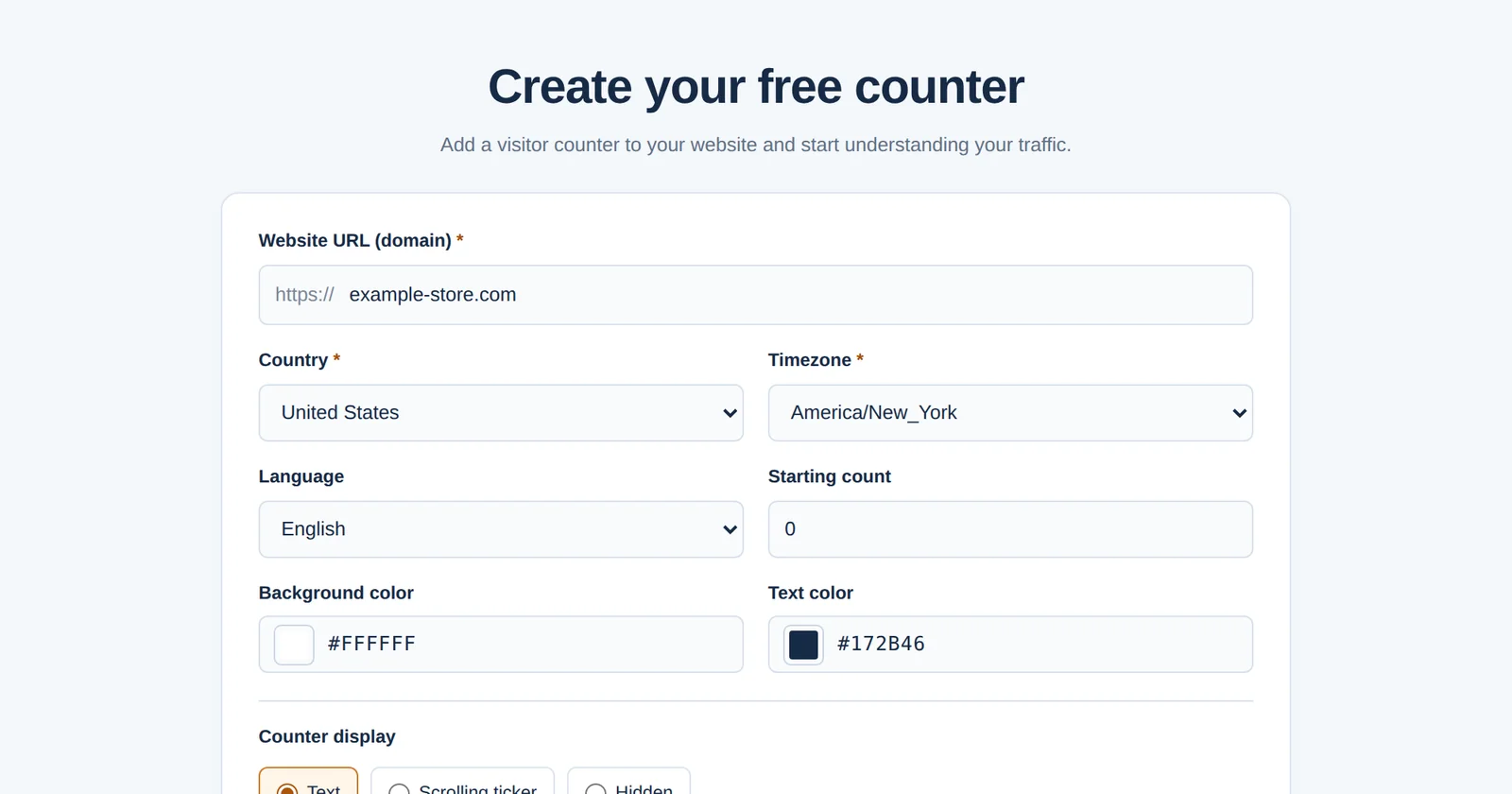 Formulir GNRCounter untuk membuat penghitung gratis dengan situs web, negara, zona waktu, bahasa, dan pengaturan tampilan
