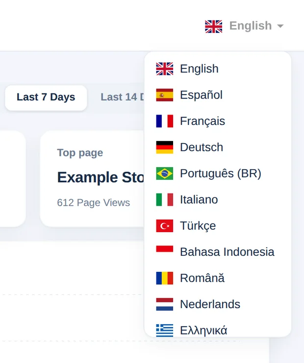 Pemilih bahasa yang terbuka dengan daftar bahasa dan bendera