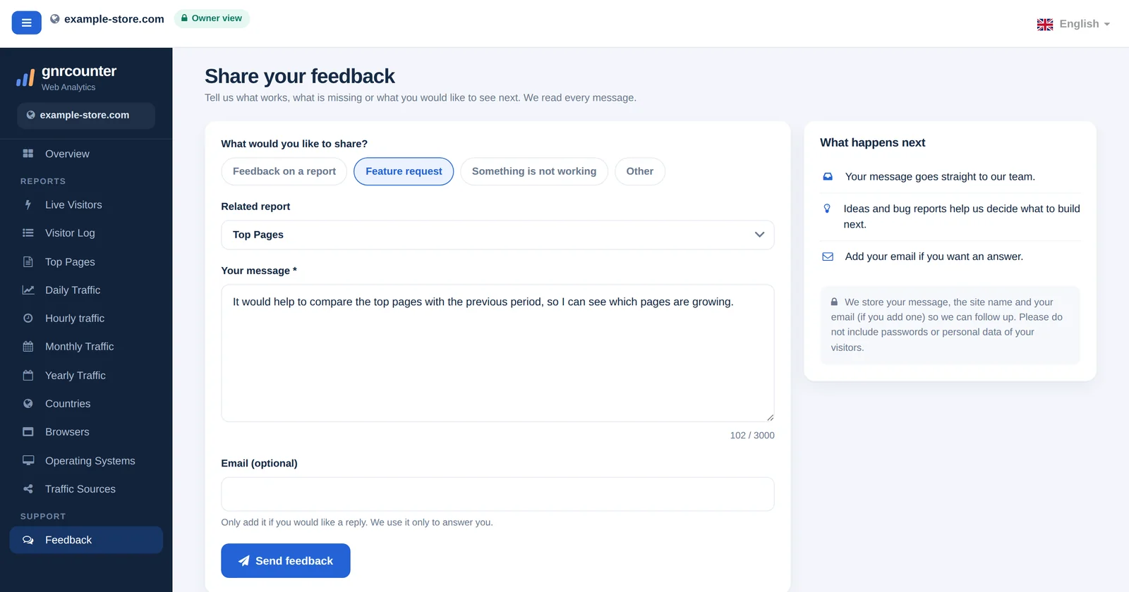 Halaman Masukan GNRCounter dengan formulir pesan berisi jenis pesan, laporan terkait, pesan, dan email, memakai data contoh