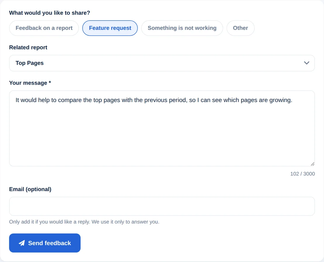 Formulir masukan dengan jenis pesan, laporan terkait, pesan, dan email